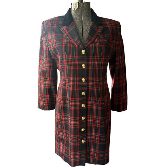 Vintage Ralph Lauren Wool Tartan Plaid Coat 12 Red/Green Velour Collar Classic - Picture 1 of 15